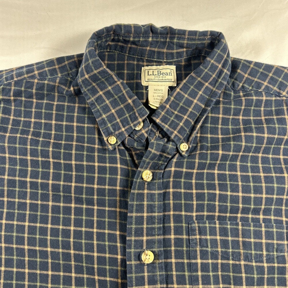 LL Bean Button Up Plaid Flannel Beige Blue Long Sleeve Men's Large Regular